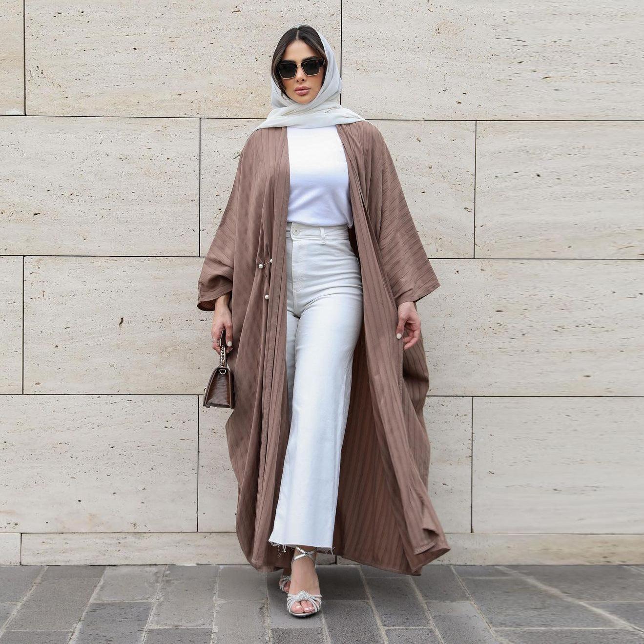 Muslim Women's Wear Modest Modern Fashion Turkish Striped Casual Plus Size Abaya Cardigan Robe - Zooni Group