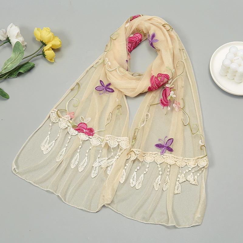 Double-layer Embroidery Flower Scarf Female Tassel